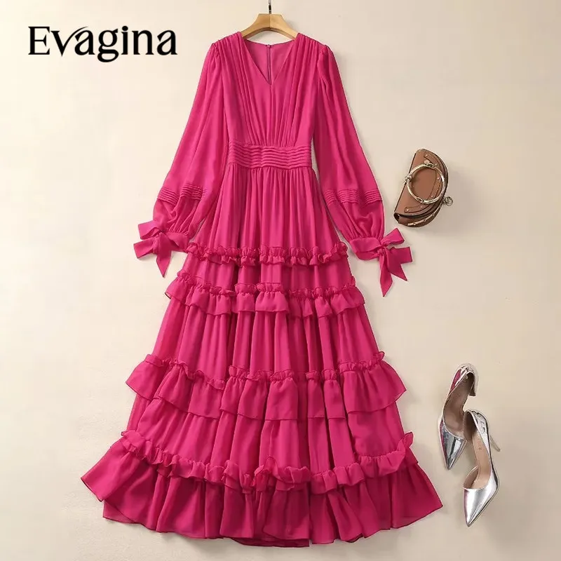 

Evagina New Fashion Runway Designer Women's V-Neck Lantern Long Sleeved Ruffled Edge Saturated Layered Red Dress