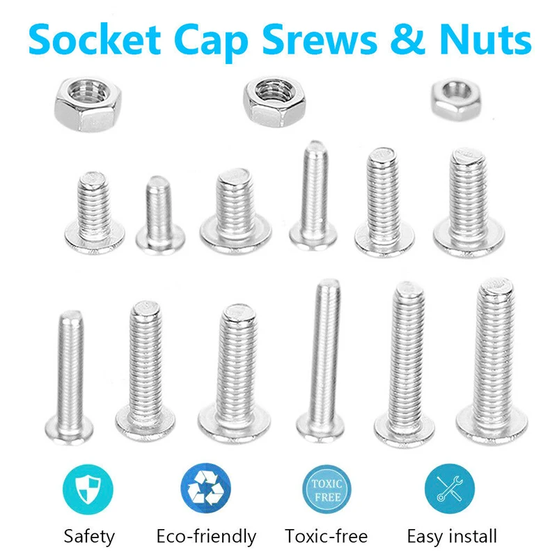 Aço inoxidável Hexagon Socket Screw Set, Cabeça Screw Kit, Allen Parafusos e Porcas, Botão Flat, Cap, M3, M4, M5, 500Pcs