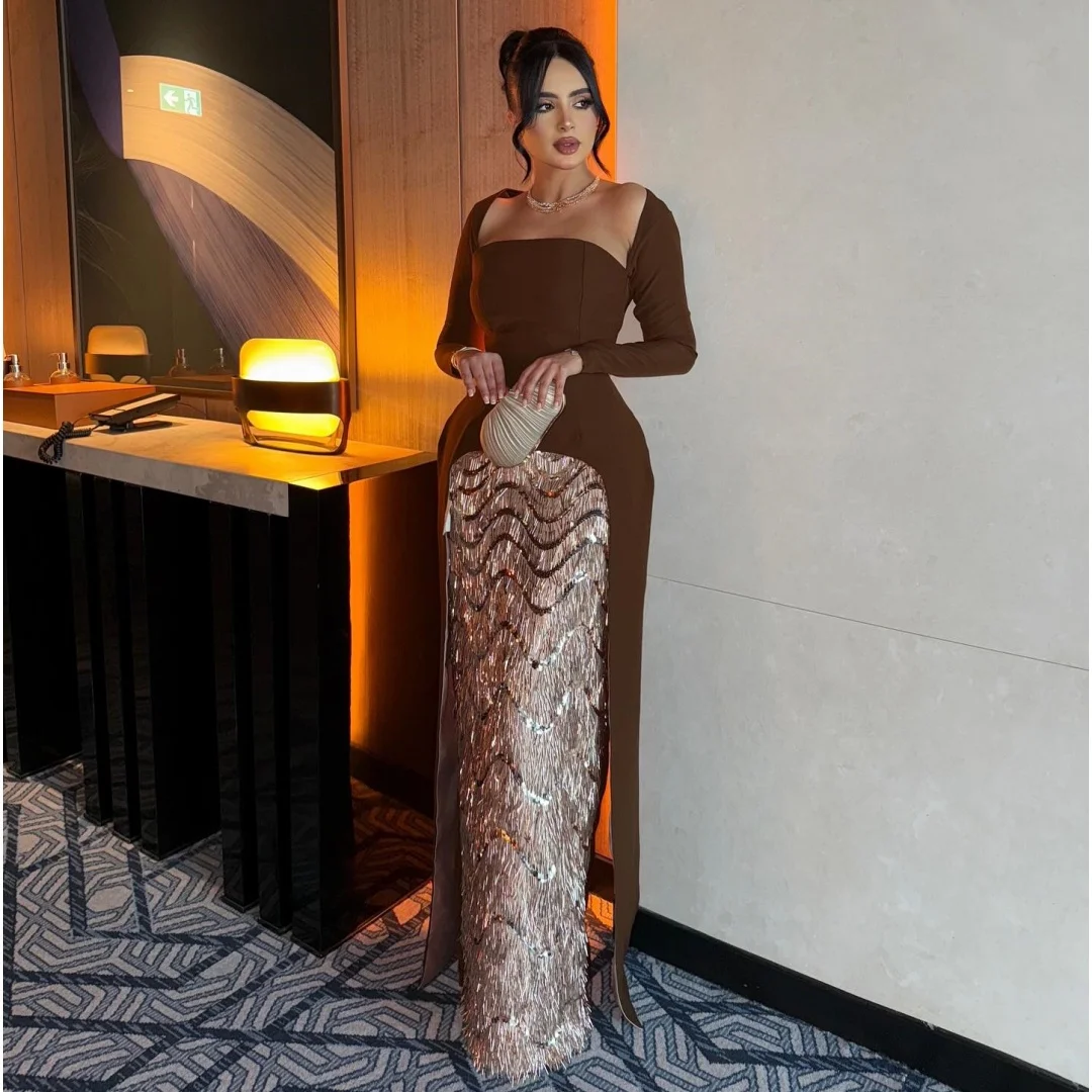 Brown Exquisite Evening Dresses A Line Sequin Prom Dress Tassels Luxury Wedding Party Gown Customized Long Sleeve Vestidos