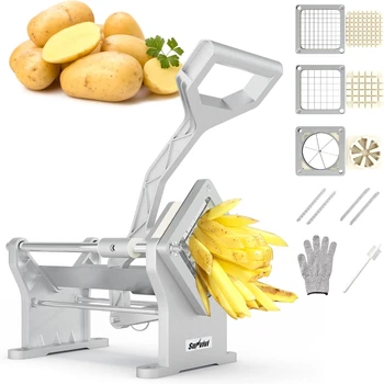 Commercial French Fry Cutter, Heavy Duty Potato Slicer With 3 Blades (1/2", 3/8", 6-Wedge), Stainless Steel Vegetable Chopper
