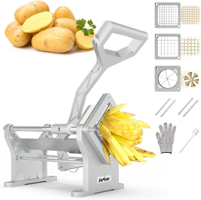 Commercial French Fry Cutter, Heavy Duty Potato Slicer With 3 Blades (1/2", 3/8", 6-Wedge), Stainless Steel Vegetable Chopper