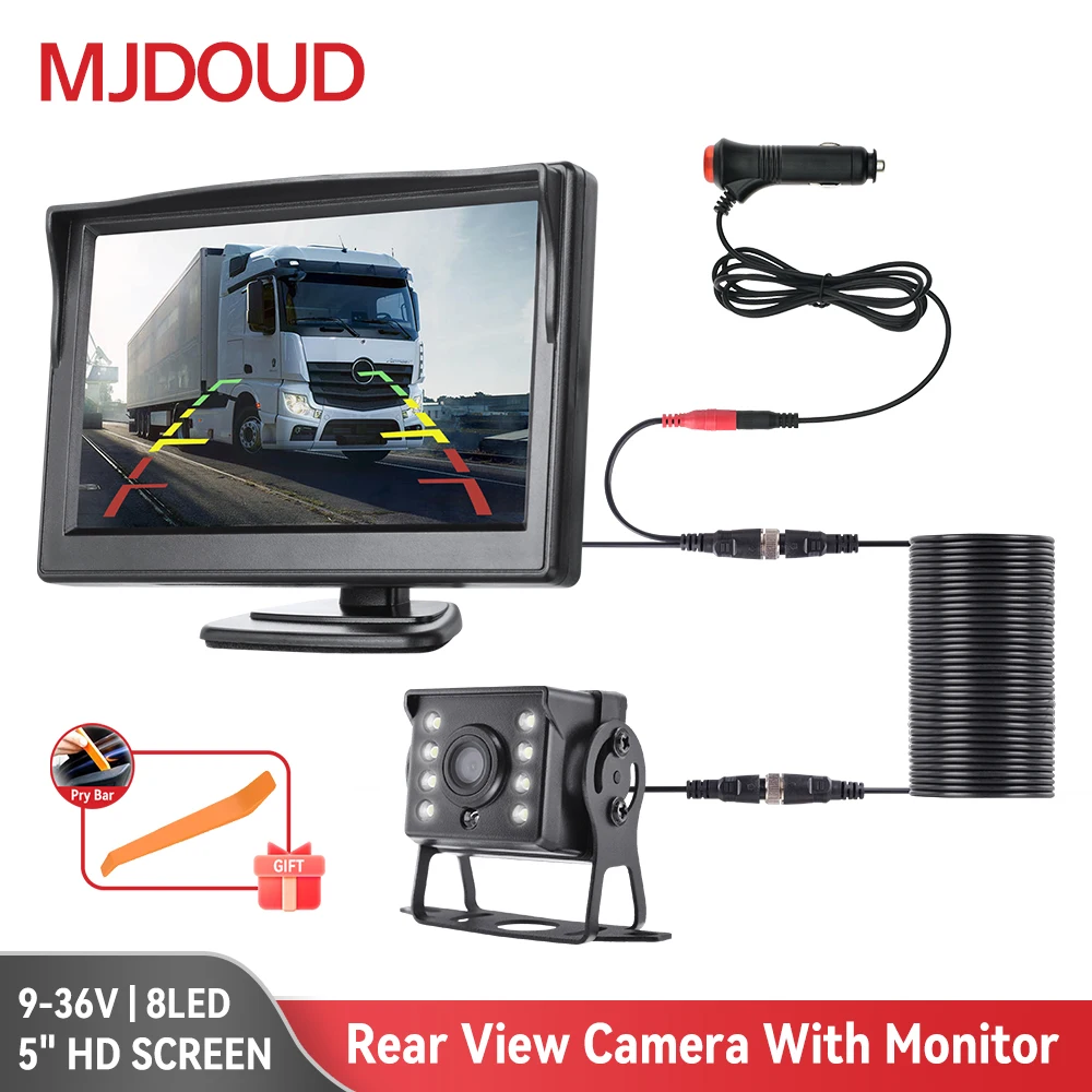 MJDOUD Truck Rear View Camera with Monitor 5 Inch HD 16:9 Screen 12/24V Universal Power Waterproof Reversing Camera for Parking