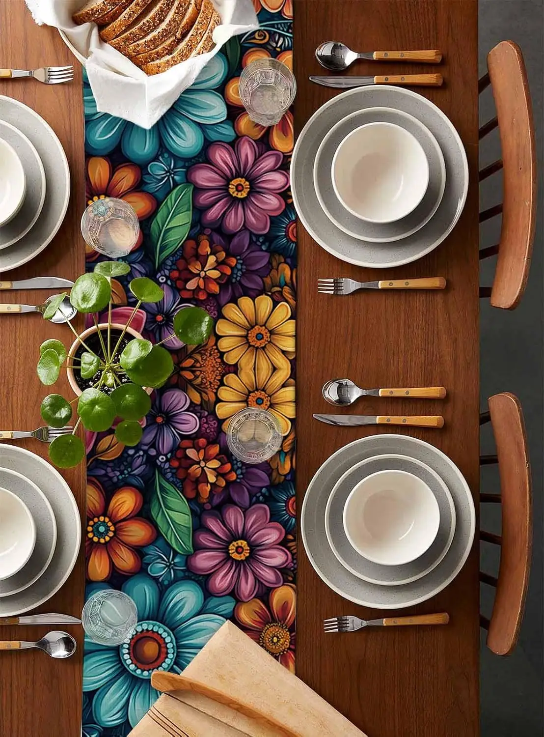Bohemia Flowers Linen Table Runner Dresser Scarf Decor Reusable Farmhouse Kitchen Dining Table Runner Holiday Party Decor