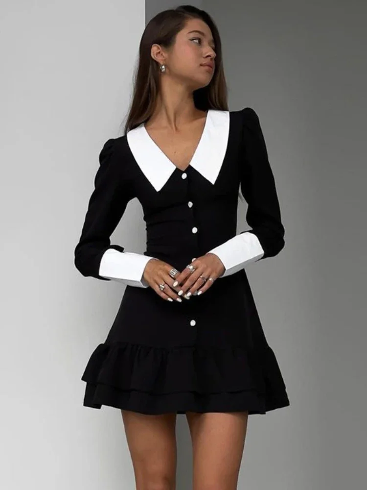 

TARUXY High Waist Women's Evening Dress Retro Splice Long Sleeve Turn Collar Folds Mini Dress Woman Party Wedding Dresses Women