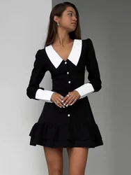 TARUXY High Waist Women's Evening Dress Retro Splice Long Sleeve Turn Collar Folds Mini Dress Woman Party Wedding Dresses Women