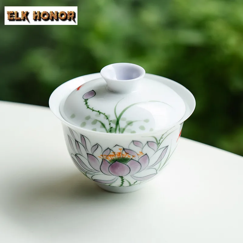 

120ml Hand-painted Lotus Gaiwan Retro Tea Tureen Household Tea Bowl With Lid Kit Tea Maker Cover Bowl Tea Ceremony Ornaments