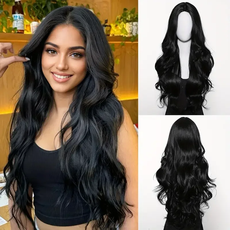 

EASIHAIR Long Wavy Curly Black Synthetic Wigs for Women Middle Part Wavy Wigs Natural Black Hair Heat Resistant Fiber Wigs