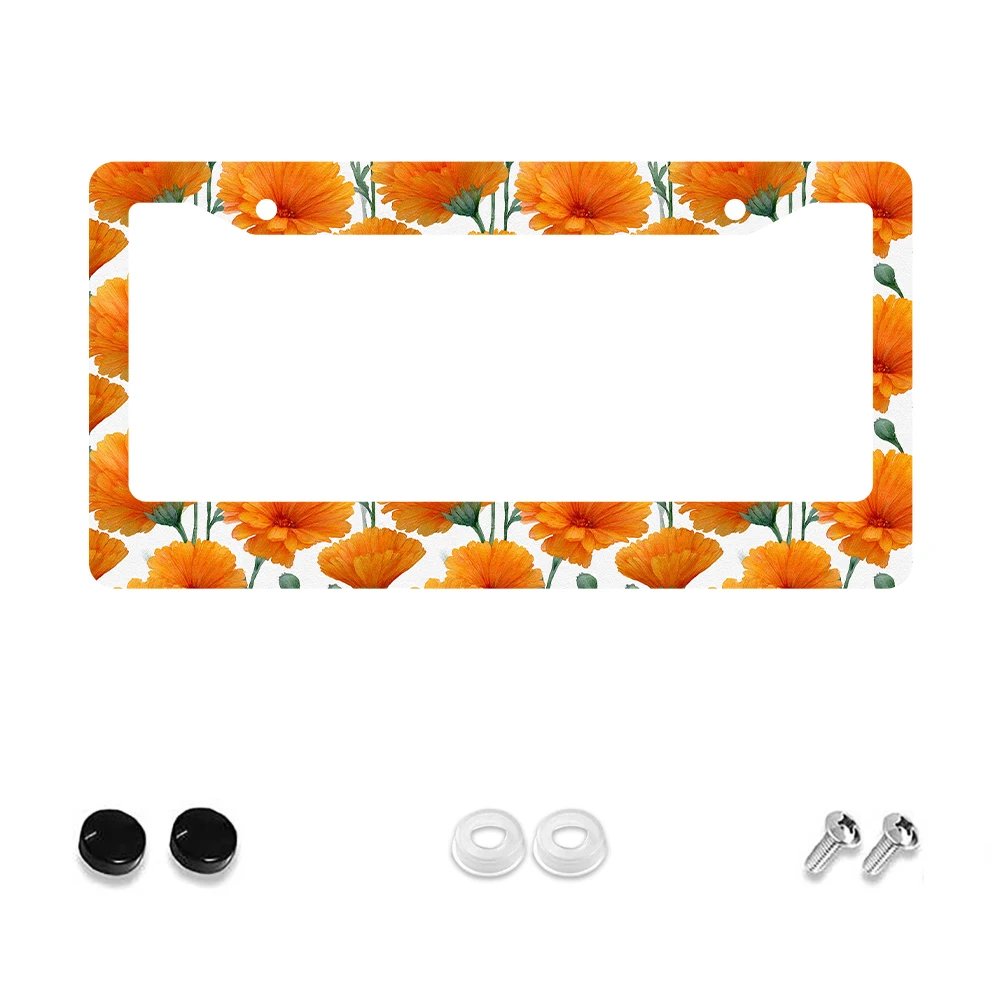 

1pc Orange Flower Pattern 2-Hole License Plate Frame Aluminum Material 6x12 Inches with Screw Set Vintage Novelty Car Decoratio