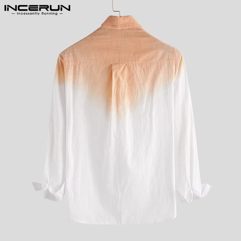 INCERUN Fashion Men\'s Shirt Cotton Long Sleeve Tie Dye Gradient Lapel Streetwear Men Casual Shirts 2024 Camisa Masculina 2024