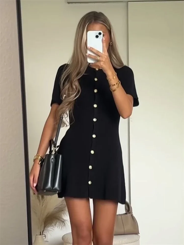

Trendix Elegant Knit Mini Dress Women Street Slim High Waist Short Sleeve Rib Sweater Dresses Vacation Bodycon Knitwear Dress