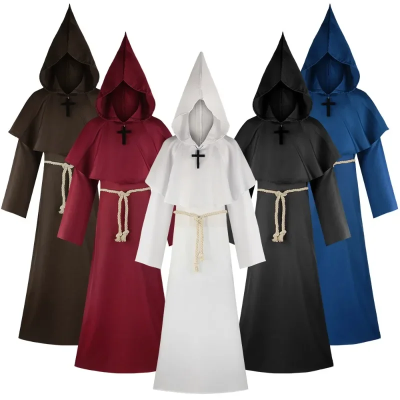 

Halloween Grim Reaper Cosplay Costume Medieval Monk Robe with Cross Necklace Hooded Cloak for Carnival Party Themed Events