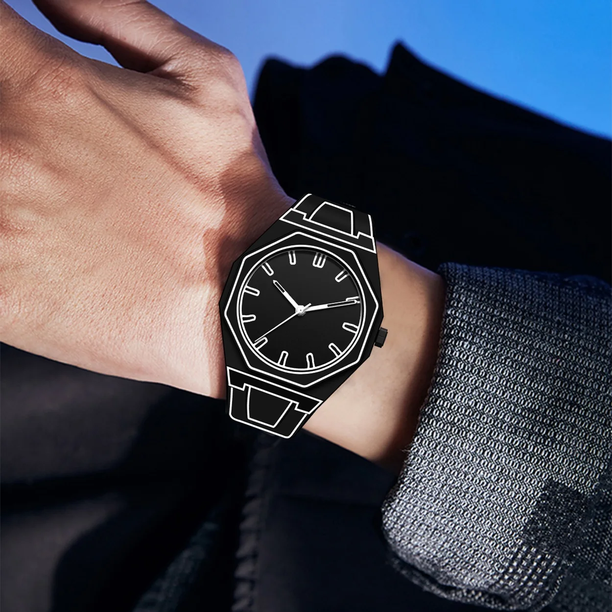 นาฬิกาควอตซ์ดีไซน์สร้างสรรค์แบบมินิมอลลิสต์ ลายสเก็ตช์ หน้าปัดแปดเหลี่ยมขนาดใหญ่ สายซิลิโคน กันน้ำ ลายการ์ตูน สำหรับผู้ชาย