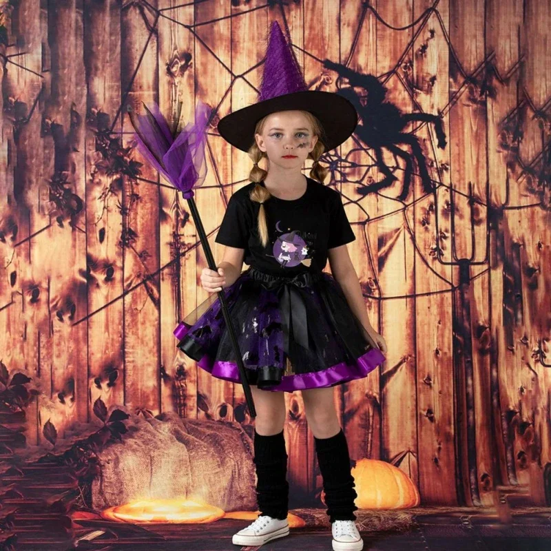 3Pcs Girls Halloween Skirt Kids Dance Party Costume Toddler Tulle Skirt Hat Broom Set Halloween Cosplay Dress Up For Little Girl