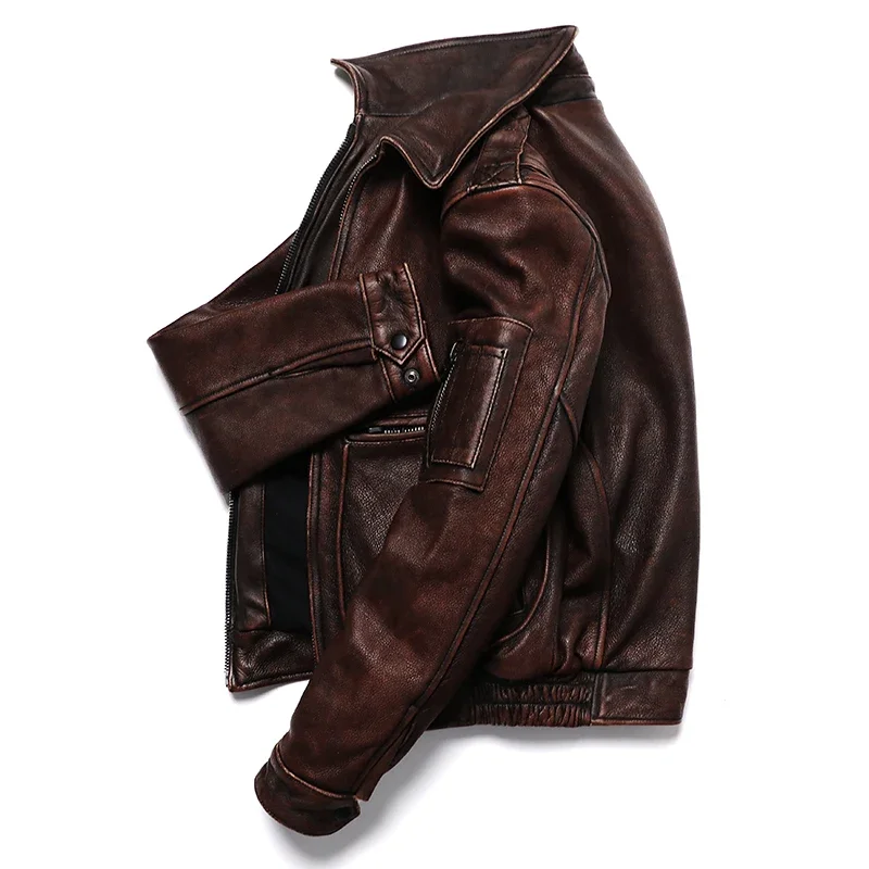2025 New Vintage Brown Genuine Leather Jacket Air Force  Style Cowhide Coat Men Slim Fashion Biker Jacket Flight Cloth