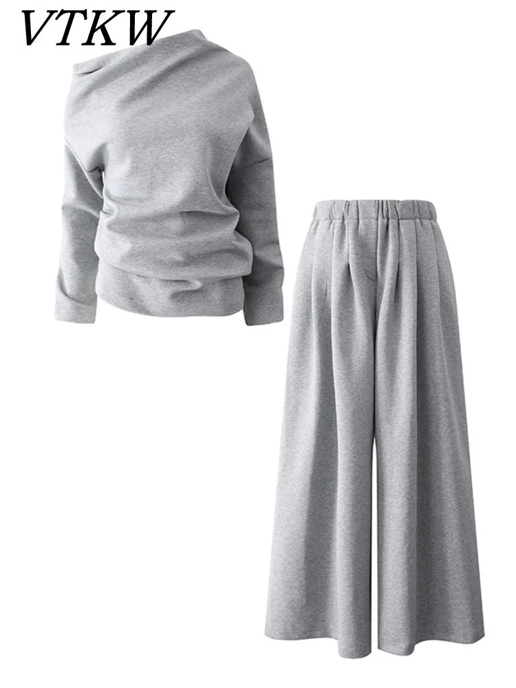 

VTKW 2025 Women’s Designer-Inspired Simple Off-Shoulder Sweatshirt Casual Pants Two-Piece Set Spring Summer Lightweight Fashion