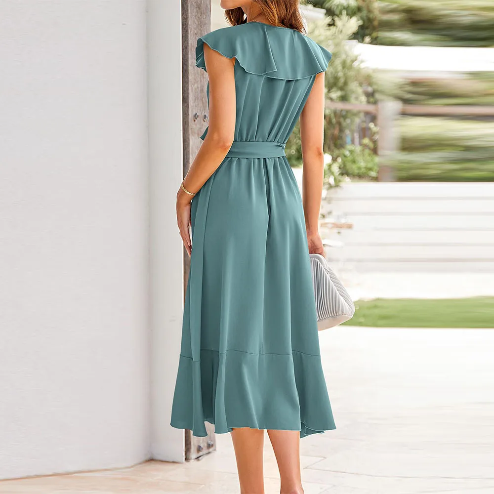 花嫁の母ドレス クロスミディドレス カジュアル ボヘミアン ディープVネック 半袖 フリル スリット ビーチ ロングドレス カスタムメイド