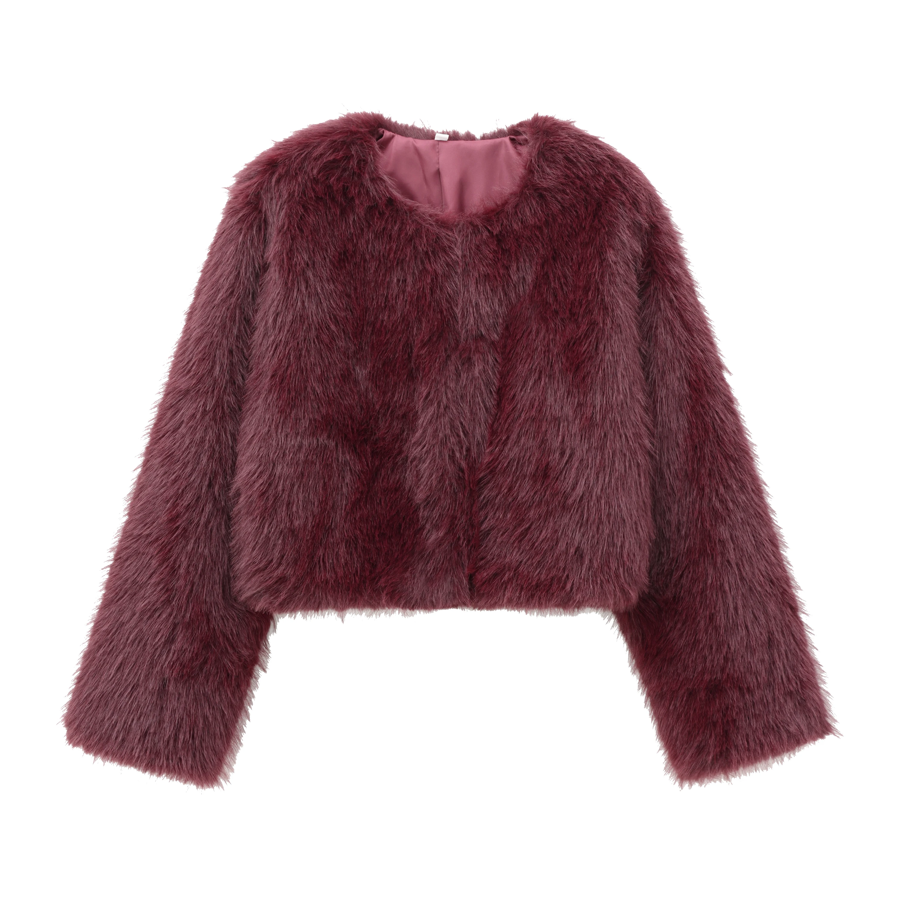 BWQ معطف الفرو الاصطناعي خريف وشتاء موضة جديدة للمرأة تأثير الفرو الاصطناعي رقبة مستديرة كم طويل سترة قصيرة 2025