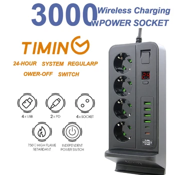 EU plug multi socket power cord extender cable independent control wireless charger 24 timer socket network filter patch panel