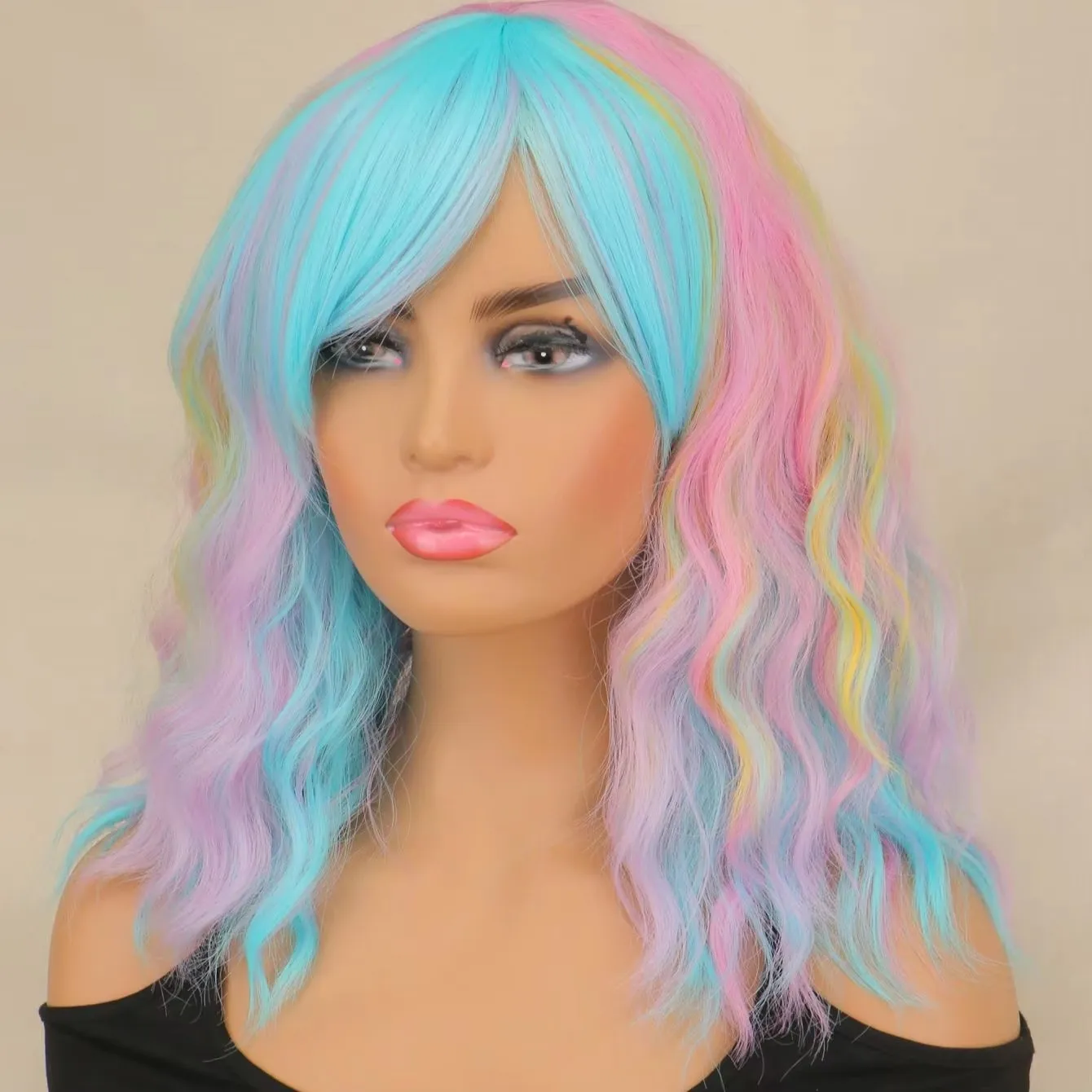 WHIMSICAL W Women's Short Water Wavy Wig with Bangs Girls Synthetic Hair Cosplay Wig Rainbow Multi Color Party Cosplay Wigs