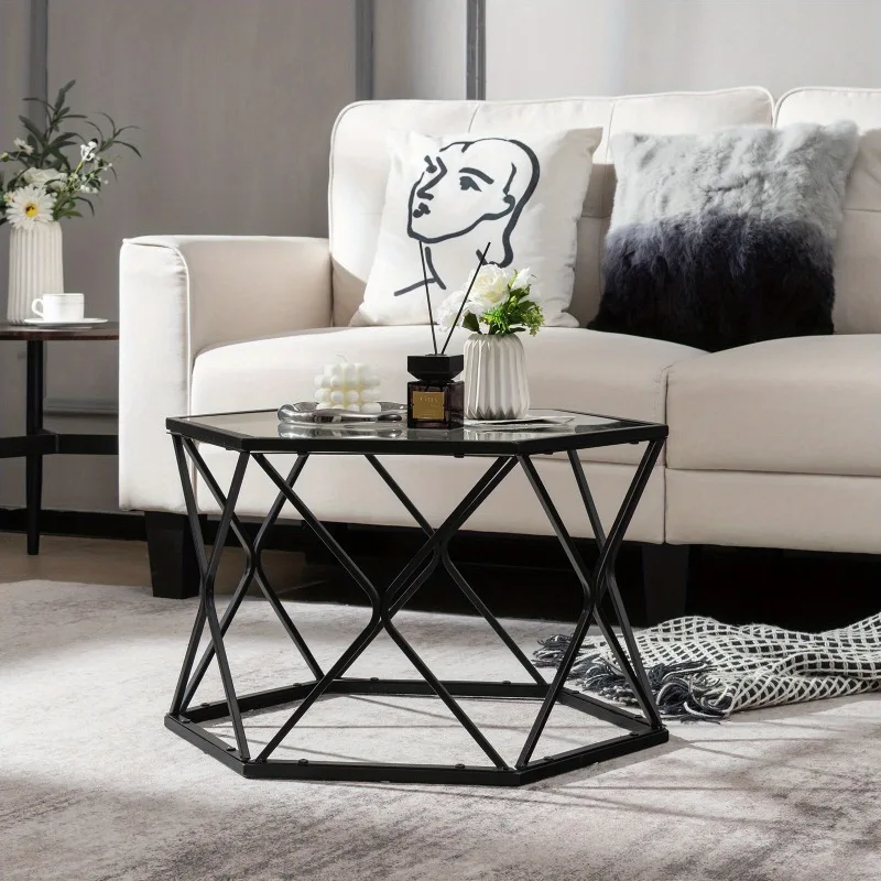 Costway Coffee Table Geometric Glass Modern W/Tempered Glass Top & Metal Legs