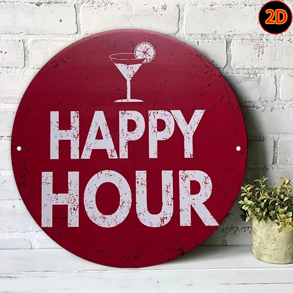 Red Happy Hour Cocktail Glass 2D Round Aluminum Wall Art, 20x20cm