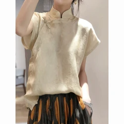 2025 chinese style linen jacquard qipao collar champagne color elegant short sleeves blouse for women girl