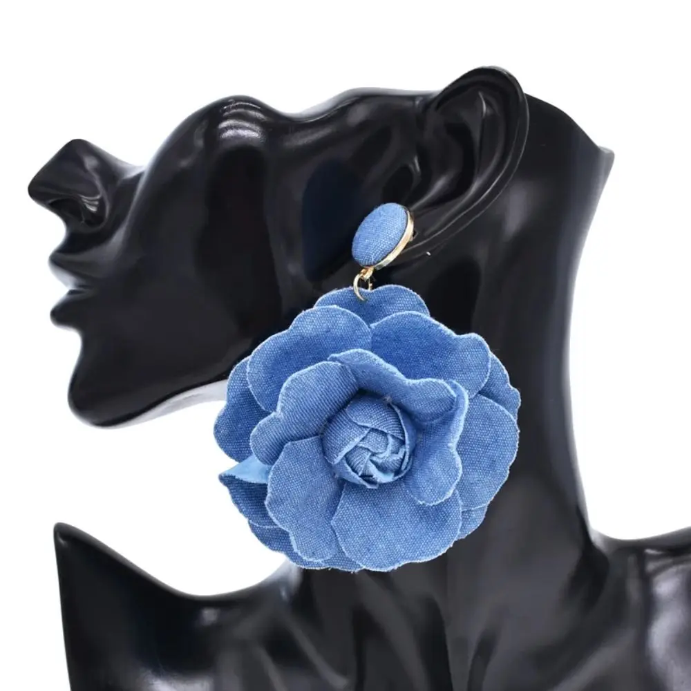 New Handmade Blue Rose Earrings Ornament Denims Denim Blue Fabric Earrings Exaggerate Flower Earrings