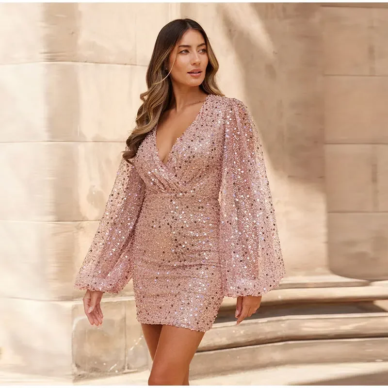 Elegant Fashion V Neck Lantern Long Sleeves Prom Dresses Sexy Bodycon Short Cocktail Women Sequins Mini Party Gowns فساتين سهره