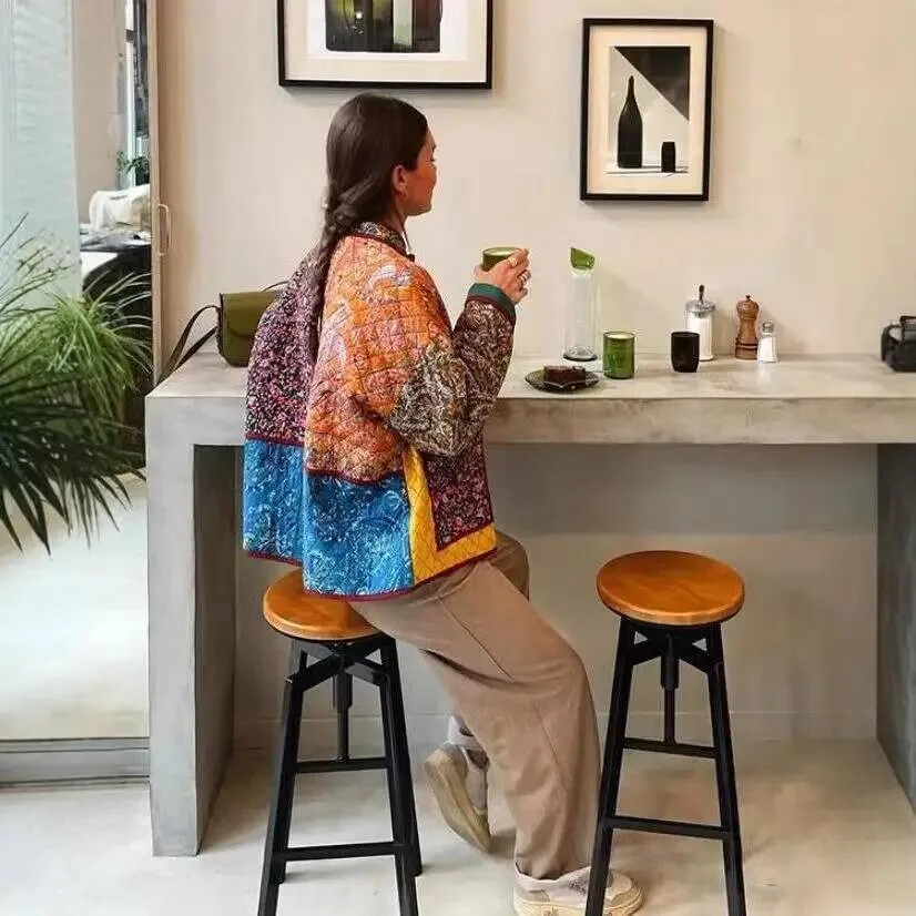 Manteau Long en coton imprimé pour femme, col montant, vêtements d'extérieur décontractés, automne et hiver