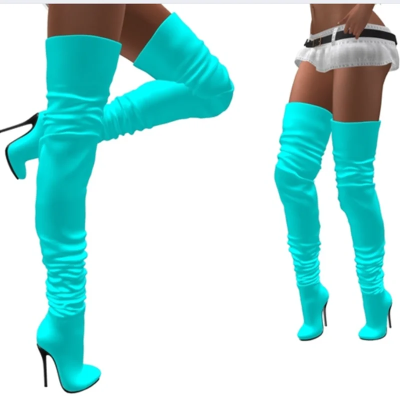 Blue Matte Over Knee High Boots Thin High Heel Pointed Toe Fashion Sexy Cool 2024 Winter Big Size Woman Shoes Zapatillas Mujer