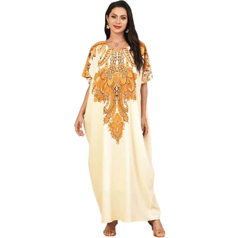 Morocco Summer Loose Kaftan Women Muslim Print Short Sleeve Maxi Dress Dubai Abaya Turkey Caftan Marocain Femme Robe Vestidos