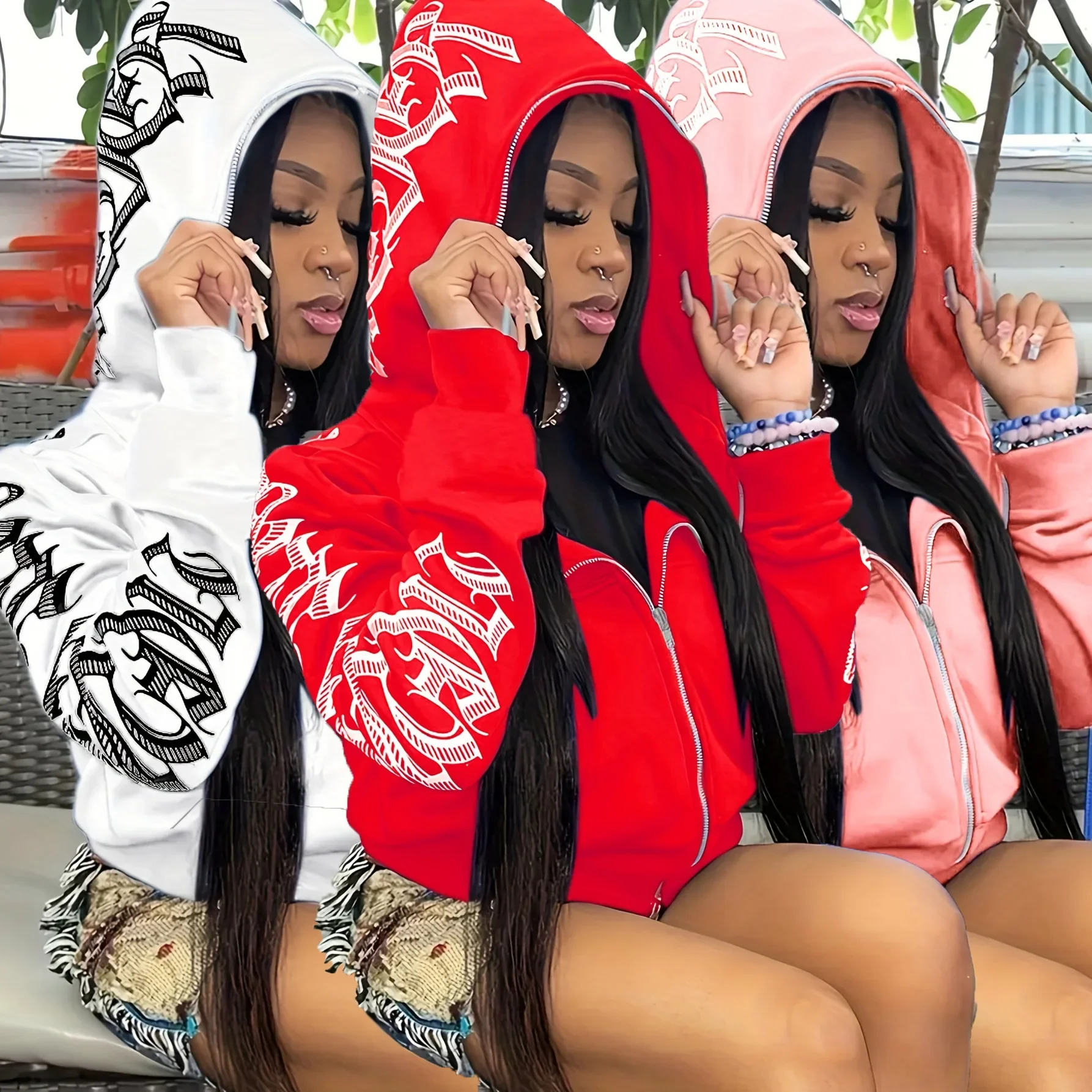 Letter Print Long Sleeve Zip Up Hoodies, Cyber Y2K Gothic Punk 