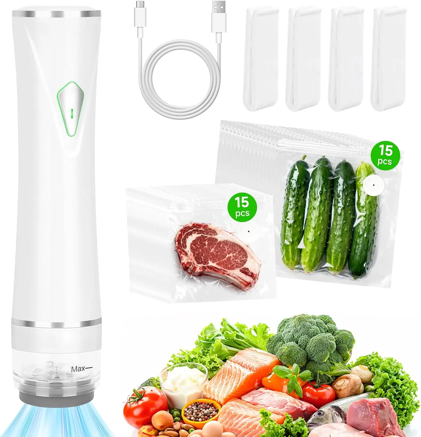 Cordless Vacuum Sealer Kit With 30 Reusable BPA-Free Storage Bags | 65KPa powerful suction, one-touch auto sealing, detachable liquid drip tray, compact wireless portable kitchen design