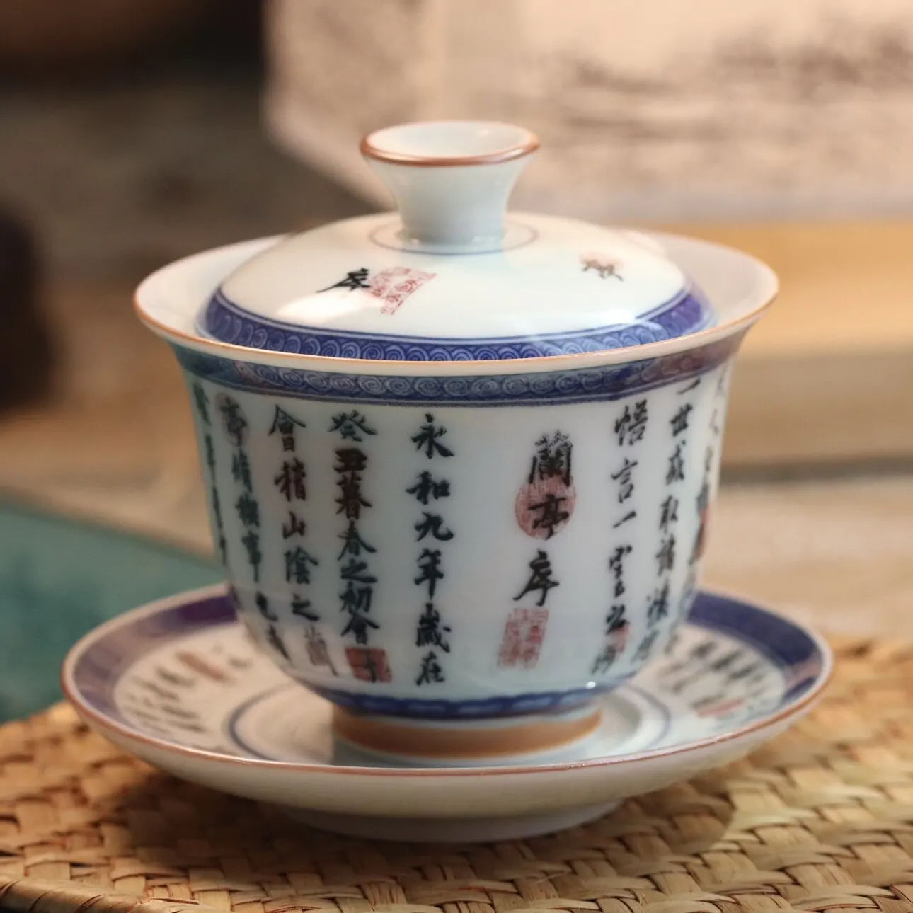 Jingdezhen Ceramic Cover Teacup Orchid Pavilion Sequence Cover Bowl Three-Piece Tea Bowl Porcelain Tea Making Device Set Teacup