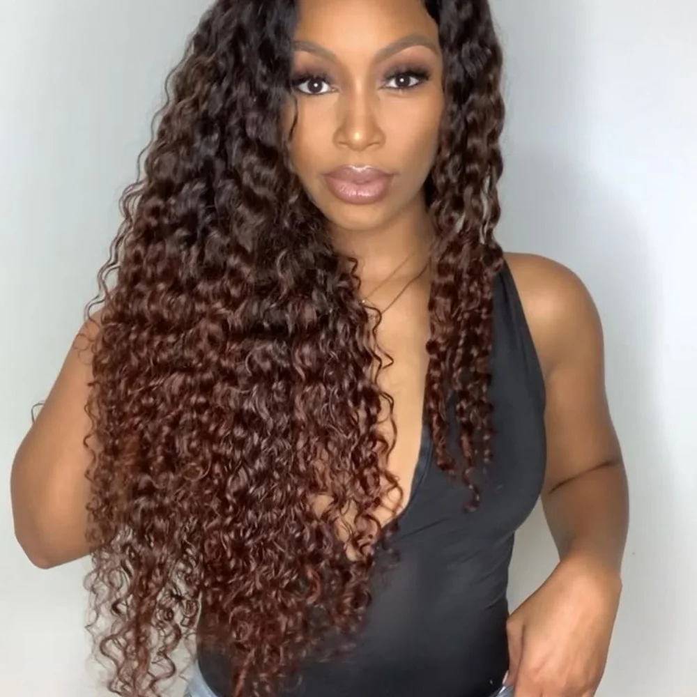 Ombre marrom macio 26 "longo kinky encaracolado 180 densidade peruca dianteira do laço para mulher resistente ao calor sintético sem cola pré-arrancado diariamente