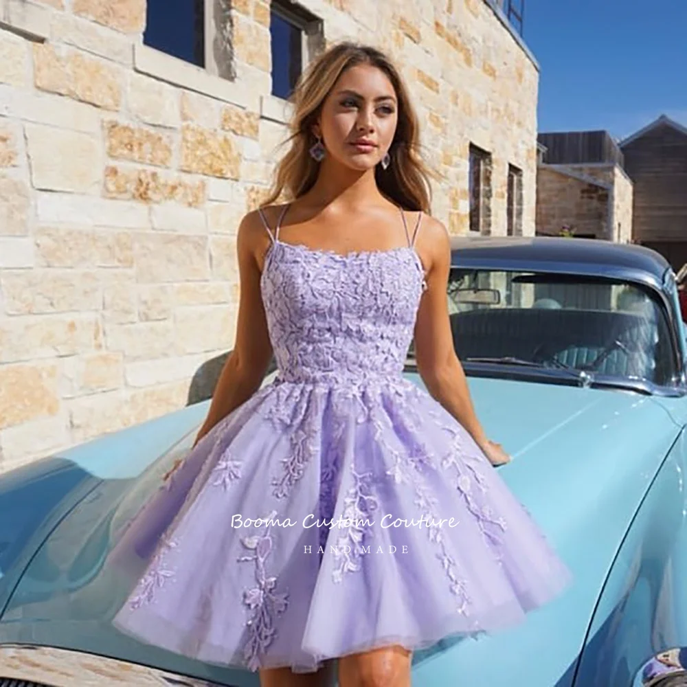 Sweet Lilac Short Homecoming Dresses Scoop Lace Appliques A-Line Prom Dresses Above Knee Spaghetti Straps Mini Party Dresses