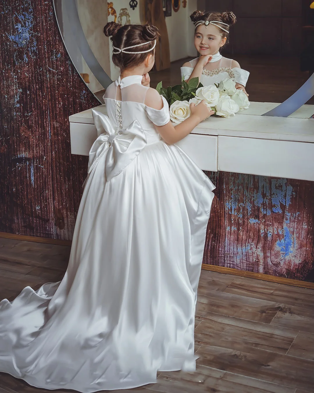 Royal Elegant White Satin First Communion Gown Pearl Rhinestone Collar Asymmetrical Multi-Layered Tulle Flower Girl Gown Customi