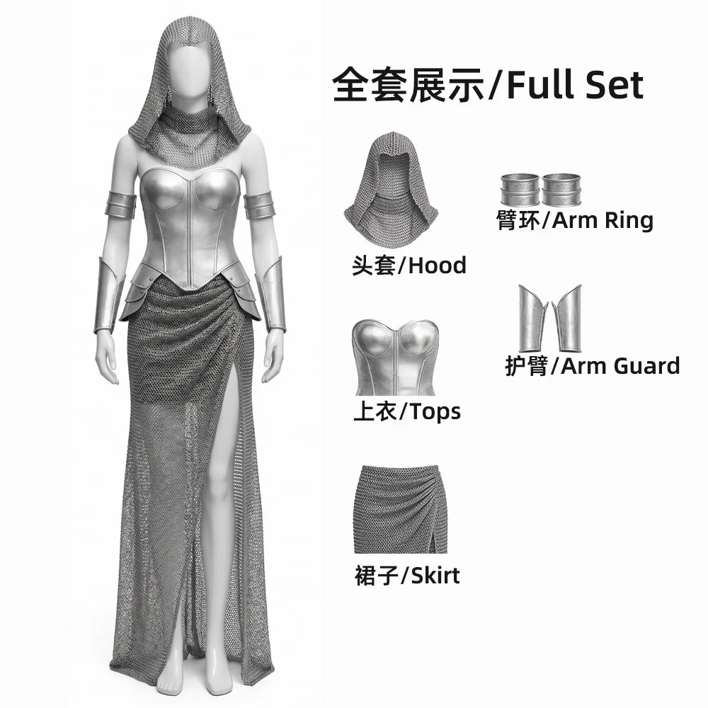 Medieval Women Knight Cosplay Retro Chain Mail Hooded Armor Top Skirt Bracelet Outfits Halloween Carnival Party Suit for Female - view 6