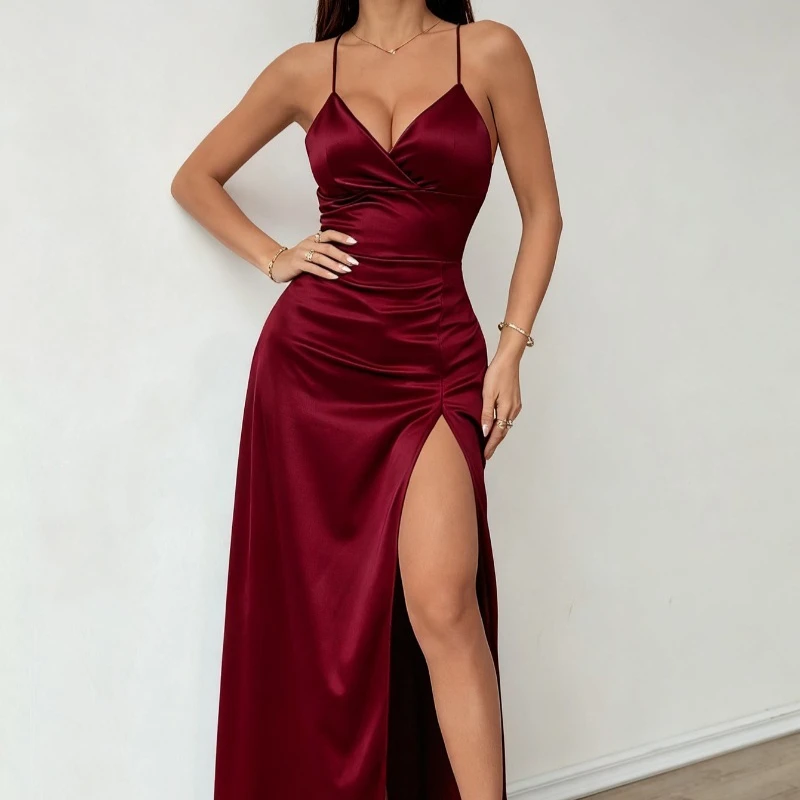 ชุดราตรีผู้หญิงทรงยาว เอวสูง เปิดหลัง ผ้าโพลีเอสเตอร์ผสม สไตล์ใหม่ เซ็กซี่ ทรงเข้ารูป คอวีลึก ผูกเข็มขัด ผ้าซาติน ผ่าข้าง
