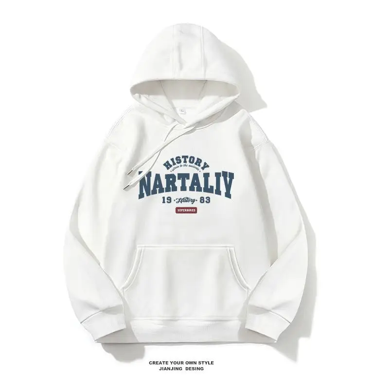 

Свитер с капюшоном и буквенным принтом в американском стиле ретро, осенне-зимний новый свободный свитшот большого размера, мужские и женские повседневные топы