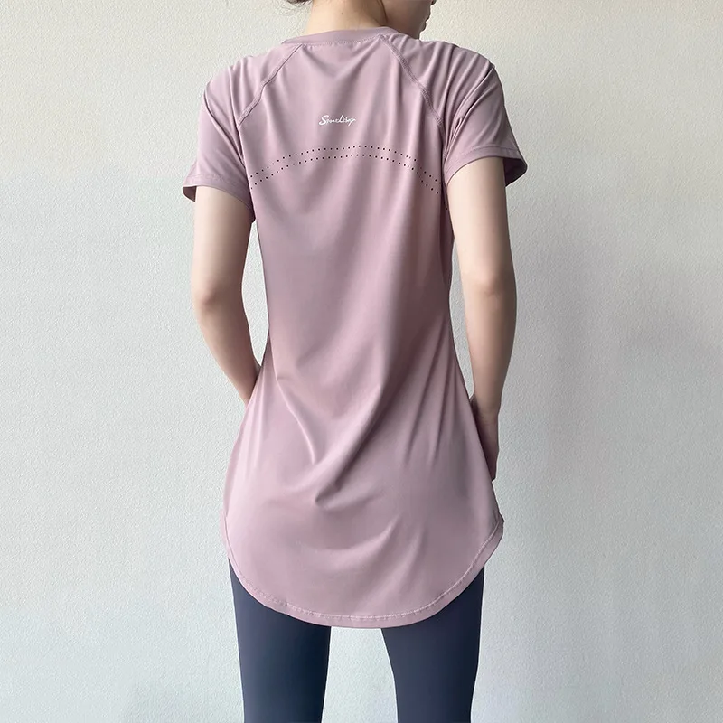 Women Sport Quick Dry Yoga T-Shirt Short Sleeve Summer Fitness Top Breathable Slimming Long with Butt Cover Running Shirt