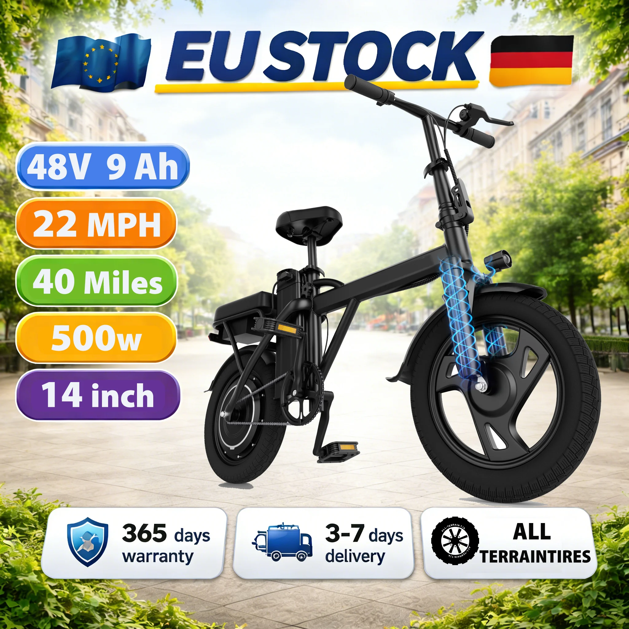 Vélo électrique pliable 500W 48V 9Ah en stock UE, 22MPH 40 miles, 14 pouces, tout-terrain, pour adultes, vélo de ville avec suspension, livraison rapide 3-7 jours, garantie 365 jours, idéal pour les