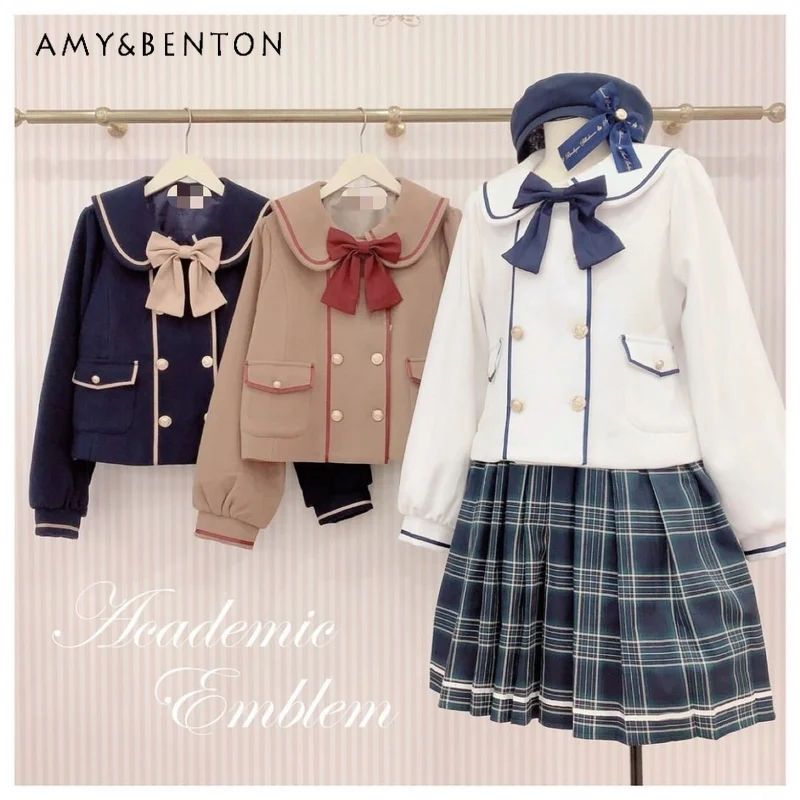 Japanese Sweet Lolita JK Uniform Wool Coat Women Preppy Style Cute Doll Collar Bow Splicing Color Double-breasted Woolen Coats