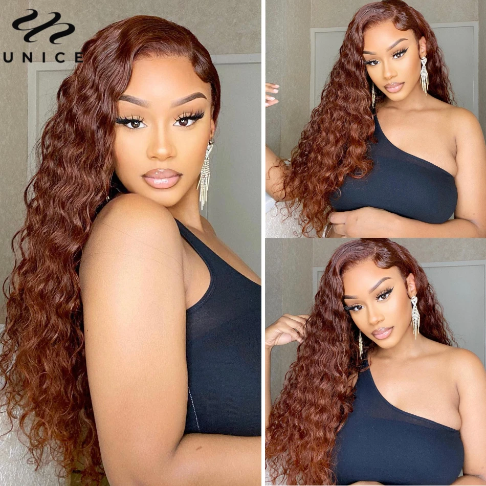 UNice Hair Reddish Brown Water Wave 13x4 Lace Front Wig Pre Plucked Human Hair Lace Frontal Wig 150% Density Lace Wig for Women