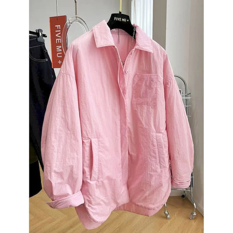 

Quilted Shirts for Women Polo-neck Vintage Oversized Cardigans Long Sleeve Casual Coats Korean Style Loose Cotton-padded Clothes