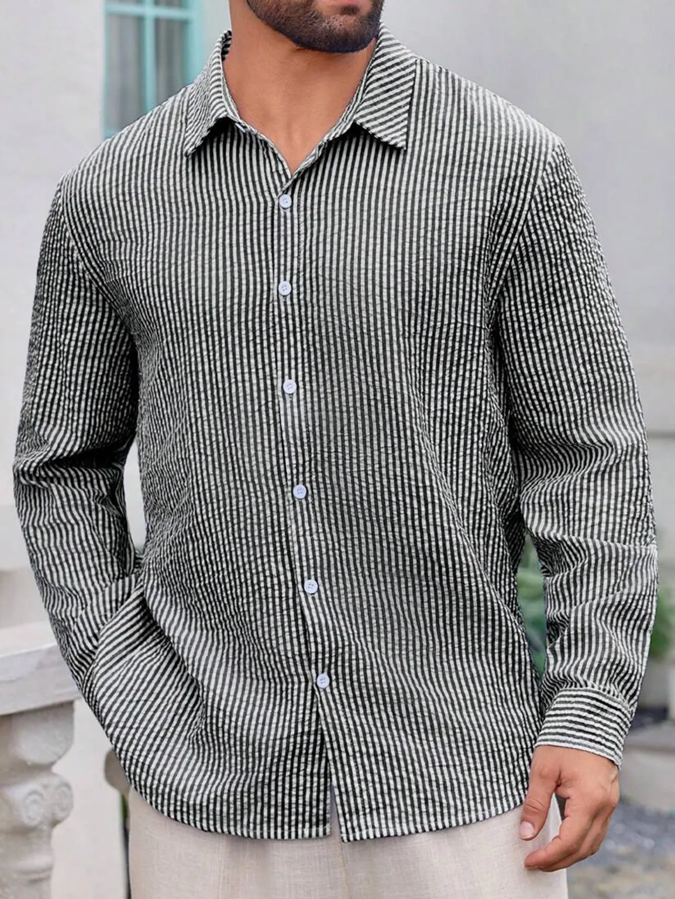 Herren Langarm-Streifenhemd mit Lockerem Schnitt Stilvolle Bequeme Freizeitkleidung für Alle Jahreszeiten Ideal für Outdoor-Aktivitäten – Detail 9