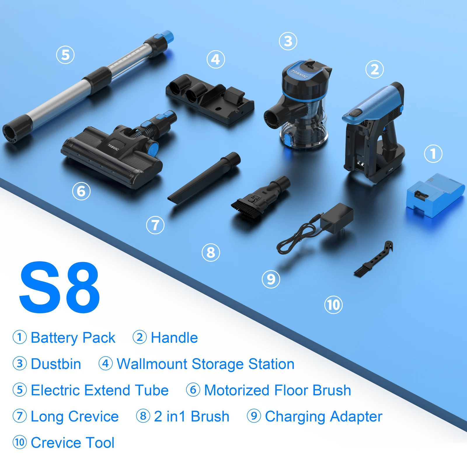 TASVAC S8 28KPa 260W Stick Cordless Vacuum Cleaner, up to 50mins Runtime, 9-in-1 Stick Vac for Hardwood Floor Pet Hair Home Car