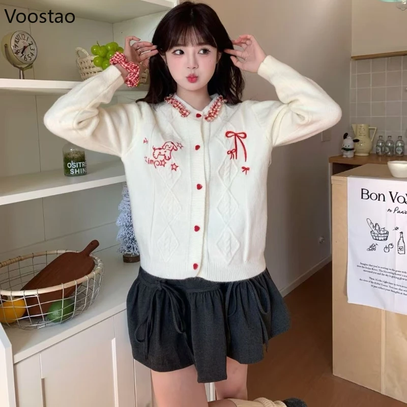 

Autumn Winter Sweet Lolita Style Knitted Cardigan Women Kawaii Cartoon Bow Embroidery Sweaters Korean Female Cute Knitwear Coat
