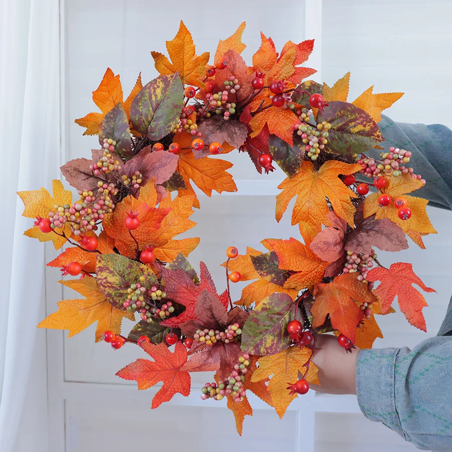

YeeNanee Autumn Maple Pumpkin Wreaths for Front Door with Berry Pinecones Fall Door Wreath Thanksgiving Home Outside Decoration
