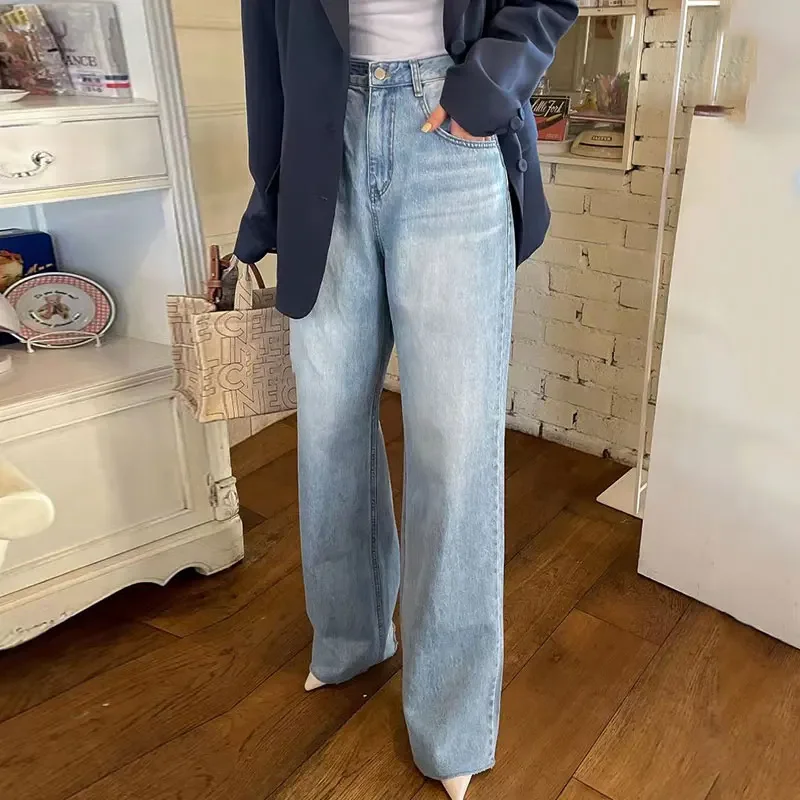 French Vintage High Waist Wide Leg Pants Love Printing Old Design Denims Pants Chic Summer Wide Leg Washed Jeans Women